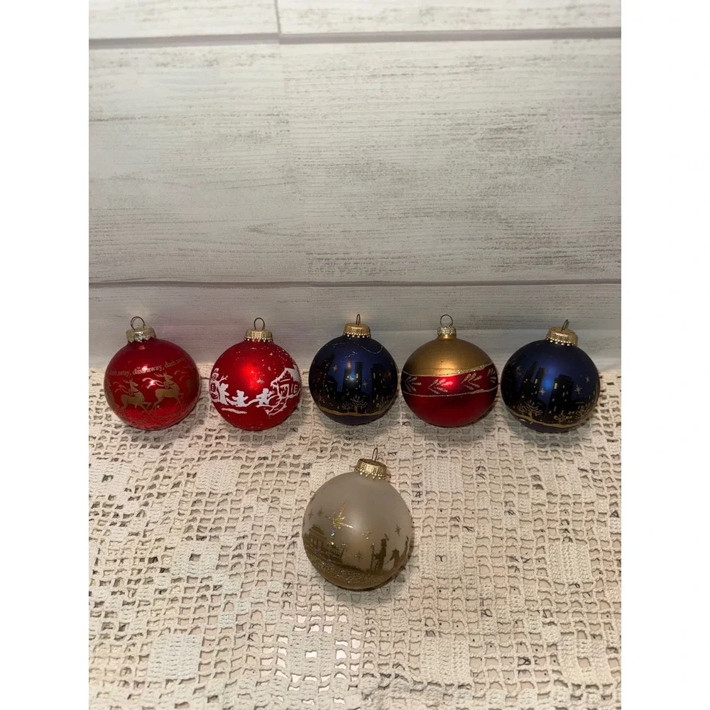 Vintage Glass Christmas Ornaments Lot of 6 Nativity Reindeer Cityscape Mixed Set